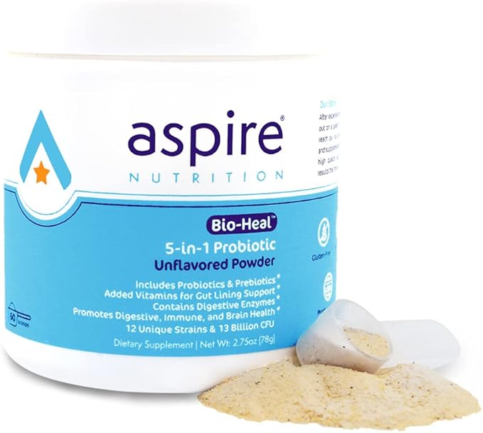 Aspire Nutrition 5-in-1 Bio-Heal® Probiotic for Kids Men &amp Women - Best Supplement for Brain Function Gut Health &amp Constipation - Shelf Stable &amp Fortified with Vitamin Mineral &amp Pre