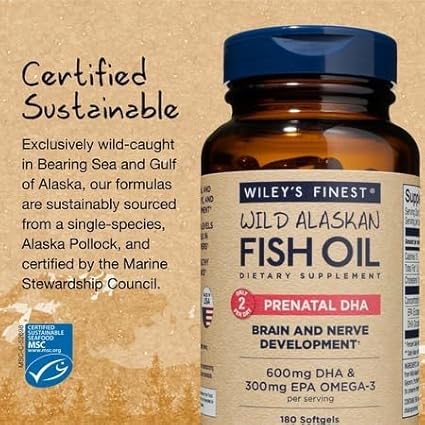 Wiley's Finest Wild Alaskan Fish Oil Prenatal DHA - 900mg EPA and DHA Omega-3s for Pregnant Women and Nursing Mothers - 180 Softgels (90 Prenatal Vitamin Servings)