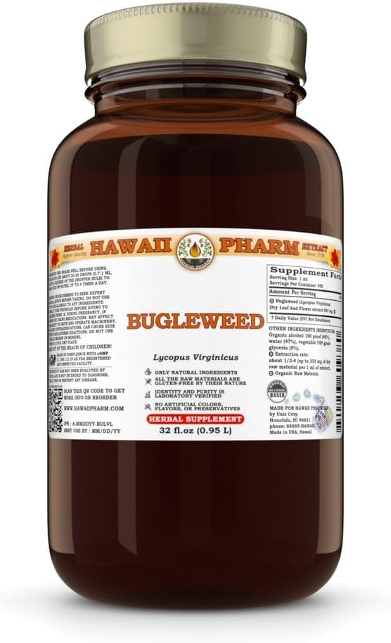 Hawaii Pharm Bugleweed Extract Tincture for Thyroid Balance Eases Premenstrual Discomfort Soothes Breast Tenderness Supports Women's Wellness - 32 fl.oz
