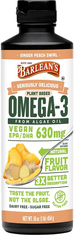 Barlean's Ginger Peach Vegan Omega 3 Supplement Liquid Algae Oil with 630 mg EPA &amp DHA Plant Based Omegas from Algal Oil Non-GMO &amp Gluten Free 16 oz
