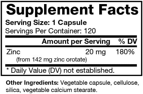 Zinc Orotate - Bioavailable Chelated Mineral Supplement - 20mg per Capsule- Supports Immune &amp Metabolic Health - Vegan Friendly - 120 Capsules