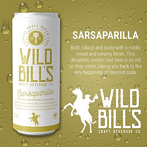 Wild Bill's Sarsaparilla Root Beer Soda Classic Craft Soda Pop Soft Drinks Sodas Made with Pure Cane Sugar Caffeine Free NO High Fructose Corn Syrup Gluten Free Vegan Low Sodium 12 Oz 12 Pack
