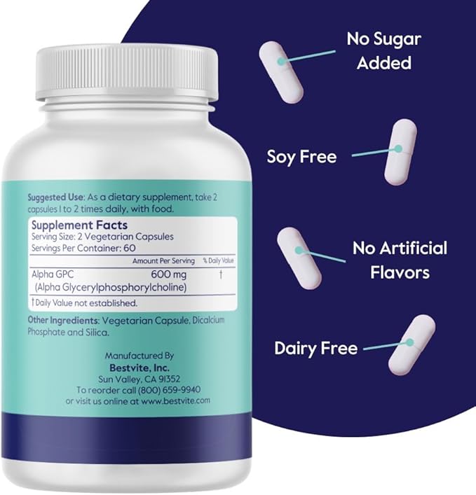BESTVITE Alpha GPC 600mg per Serving (240 Vegetarian Capsules) (120x2) - No Stearates - Vegan - Non GMO - Gluten Free