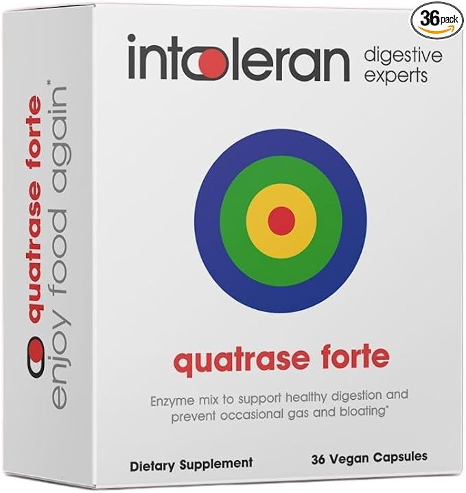 Intoleran Fodmix (Quatrase) Digestive Enzymes - 36 Capsules | Highly Dosed Supplement for FODMAP Intolerance | Helps Digest Lactose and Complex Carbohydrates | Pure &amp Vegan | Low FODMAP