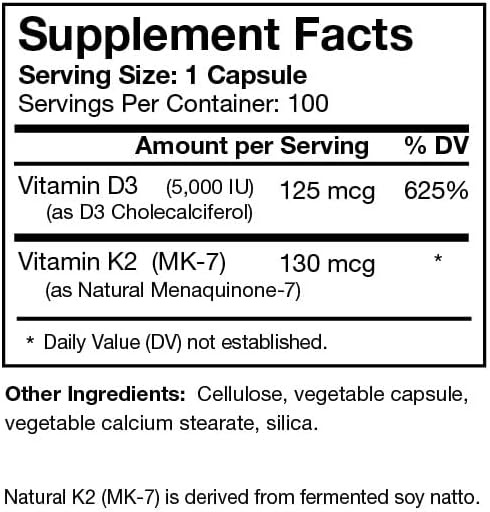 Vitamin D3 5000i Plus 130 mcg Natural K2 (MK-7) - Immune Regulation &amp Support Supplement - Supports Healthy Immune Function Bone &amp Teeth Mineralization &amp Heart Health -100 Capsules