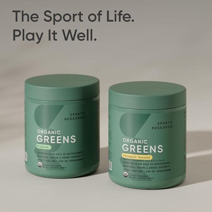 Sports Research® Organic Greens Superfood Powder w/Spirulina Chlorella Adaptogens Enzymes Probiotics &amp 8 VIT Bs for Gut &amp Mood Support* - Vegan Sugar-Free &amp Low-Cal Pineapple Coconut