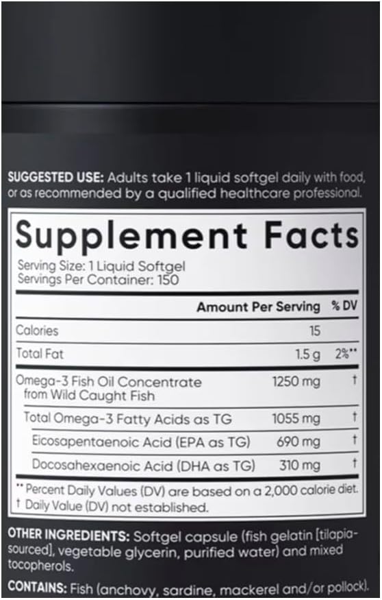 Sports Omega-3 Fish Oil Triple Strength (150 Counts) Burp-Less Formula 1250 mg Fish Oil 1055mg Omega 3 1 Softgel per Day