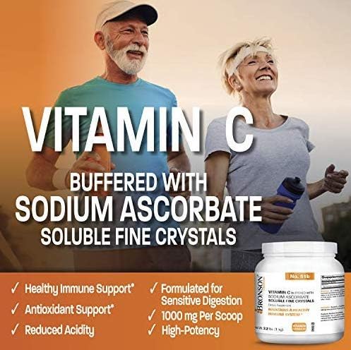 Bronson Buffered Vitamin C Powder Ascorbic Acid Buffered with Sodium Ascorbate Soluble Fine Crystals – Promotes Healthy Immune System and Cell Protection – Powerful Antioxidant - 1 Kilogram (2.2 Lbs)