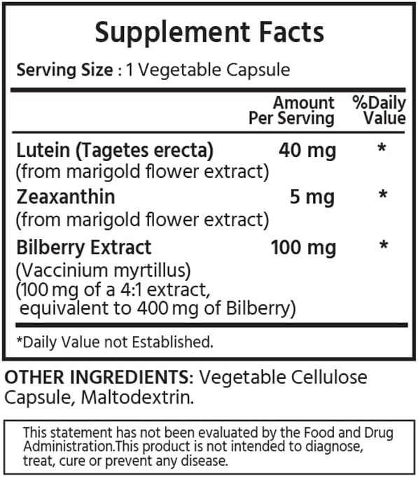 ML Naturals Lutein &amp Zeaxanthin with Bilberry – 40mg Lutein 5mg Zeaxanthin &amp 100mg Bilberry (Per Serving) – 120 Vegetable Capsules – Supports Eye Health &amp Vision