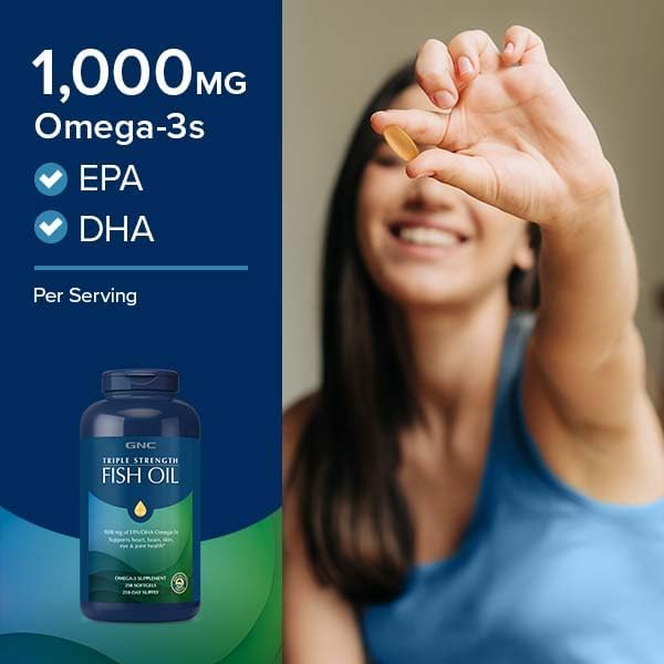 GNC Triple Strength Fish Oil Omega 3 Supplement 1000mg EPA and DHA Supports Heart Brain Skin Eye and Joint Health 60 Softgels