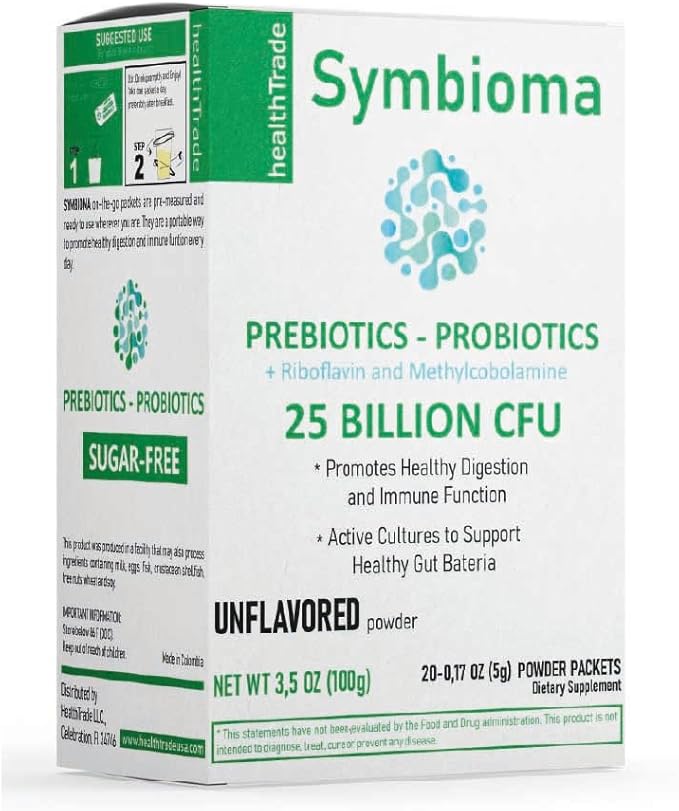 Prebiotic Probiotic Powder 25 Billion CFU Sugar-Free Unflavored 20 Packets with B12 and B2 Vitamins Digestive and Immune Support Supplement