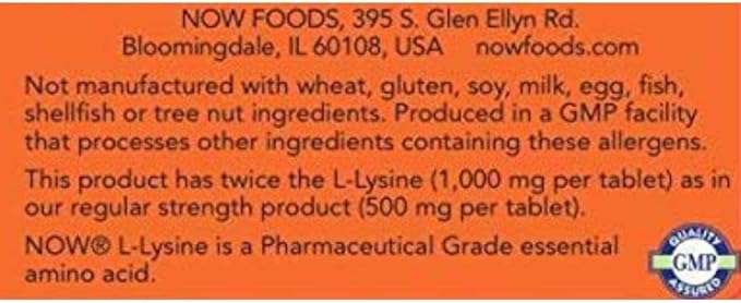 Now Foods L-Lysine 1000 mg Double Strength - 100 Tabs 4 Pack