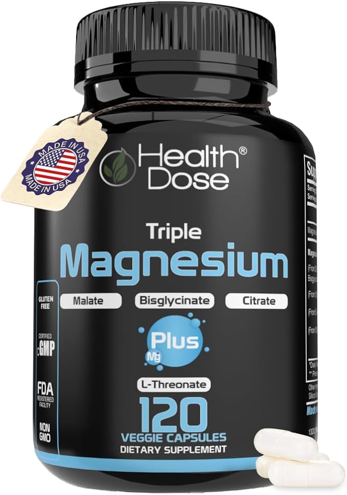 Health Dose Triple Magnesium Complex 1000 mg | L-Threonate Bisglycinate Citrate &amp Malate Blend | Support for Muscle Relaxation Sleep &amp Cognitive Function | 120 Capsules | All-in-One Formula