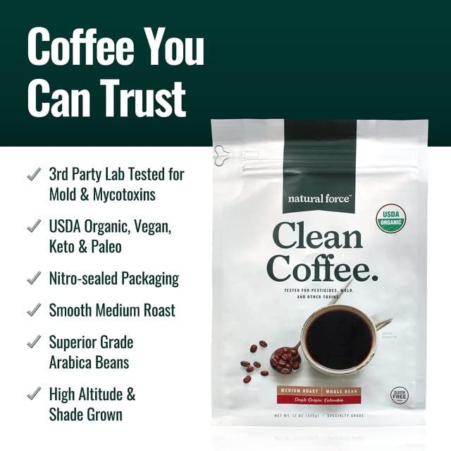 Natural Force Organic Clean Coffee + Organic MCT Oil Bundle – 100% Pure Coconut MCTs &amp Mold &amp Mycotoxin Free Coffee – Non-GMO Keto Paleo and Vegan - 12 Oz Bag and 32 Oz Glass Bottle