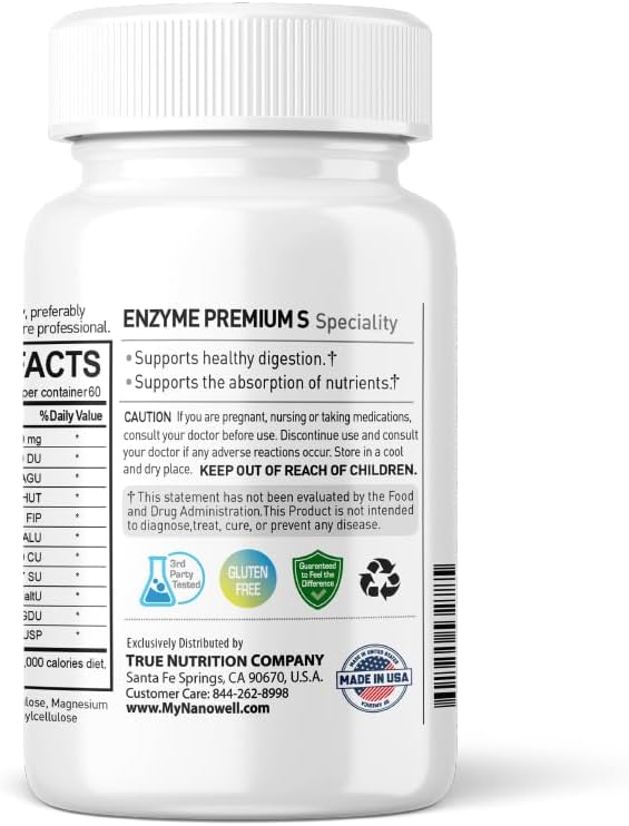 NANOWELL Enzyme Premium S - Digestive Health Multi-Enzyme Supplement with 10 Enzymes Including Bromelain and Papain - 60 Capsules 60-Day Supply