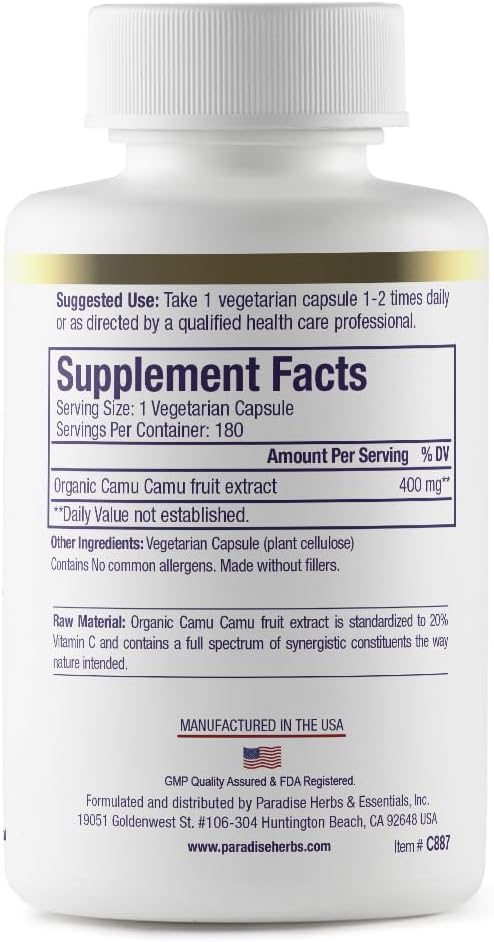 Paradise Herbs Organic Camu Camu Extract 400 mg Rich in Vitamin C Pure &amp Potent Gluten Free Non-GMO Vegan 180 Vegetarian Capsules
