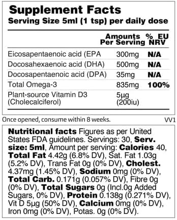 VEGETOLOGY Vegan Omega 3 Liquid from Microalgae 800mg of EPA DHA with Vitamin D3 Supports Heart Brain and Eye Health Natural Fish Oil Alternative UK Made Unflavoured