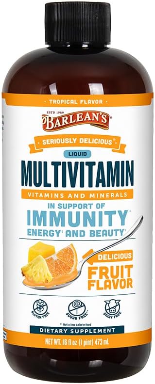 Barlean's Liquid Multivitamin for Women Men &amp Kids 21 Essential Vitamins &amp Minerals Includes Biotin B-Complex Vitamins C D3 &amp K2 Smoothie-Like Daily Supplement Tropical Flavor 16