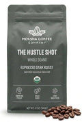 Moksha Organic Espresso Coffee Beans Dark Roast Low Acid Non-GMO Whole Coffee Beans. The Hustle Shot Roasted in Small Batches. Rich Notes of Chocolate and Nuts - 12 OZ (18 Double Shots)