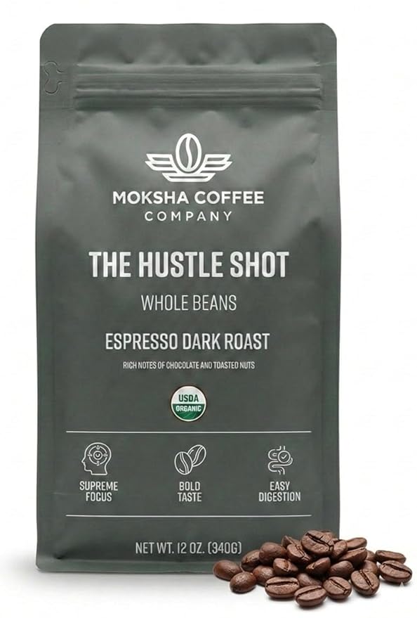 Moksha Organic Espresso Coffee Beans Dark Roast Low Acid Non-GMO Whole Coffee Beans. The Hustle Shot Roasted in Small Batches. Rich Notes of Chocolate and Nuts - 12 OZ (18 Double Shots)