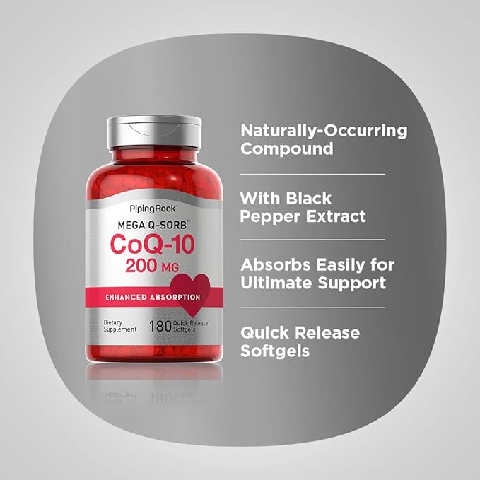 Piping Rock CoQ10 200mg | 180 Softgel Capsules | Supplement for Women and Men | Enhanced Absorption with Black Pepper Extract | Non-GMO Gluten Free