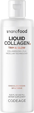 Codeage Liquid Collagen Supplement Chocolate Flavor Beauty Trim &amp Glow Liposomal Collagen Peptides CLA Conjugated Linoleic Acid Hyaluronic Acid Vitamin E Hydrolyzed Non-GMO 15.22 fl oz