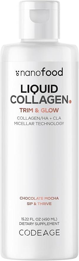 Codeage Liquid Collagen Supplement Chocolate Flavor Beauty Trim &amp Glow Liposomal Collagen Peptides CLA Conjugated Linoleic Acid Hyaluronic Acid Vitamin E Hydrolyzed Non-GMO 15.22 fl oz