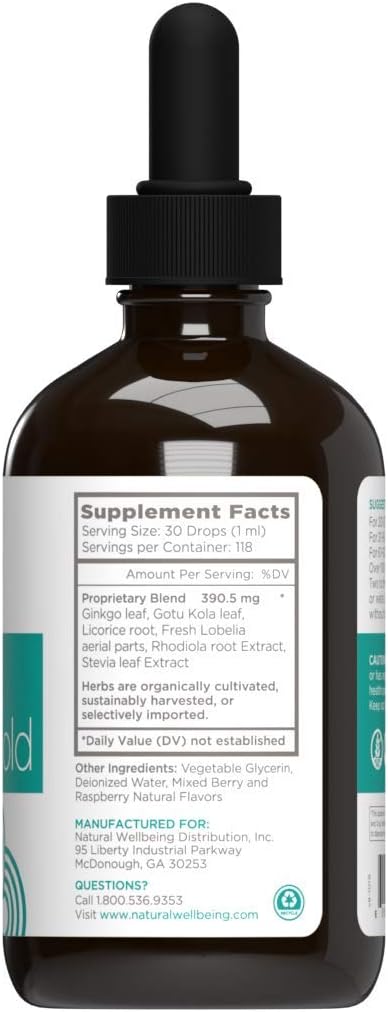 Natural Wellbeing Kids' Attention Gold - Natural Support for Focus and Concentration with Rhodiola - Mixed Berry &amp Raspberry Flavor - 4 oz (118 ml)