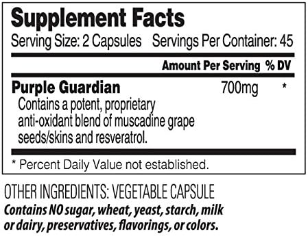 Purple Guardian Resveratrol with ORAC Blend of Pulverized Muscadine Grape Seeds &amp Skins Veggie Caps 700mg 90-Count