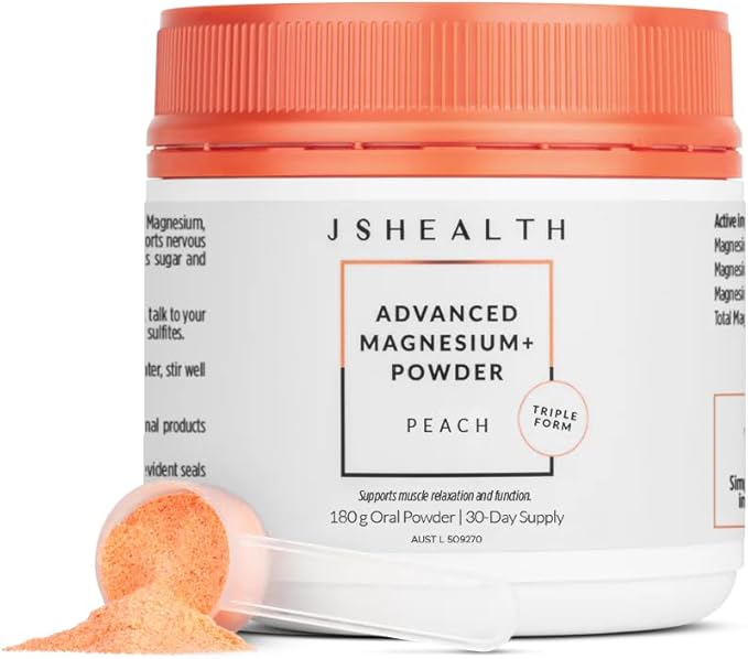 JSHealth Magnesium Powder for Sleep. 400mg Triple-Form Glycinate Citrate Amino Acid Chelate. Raspberry Lemonade. By Nutritionist Jessica Sepel (30 Servings) - Peach