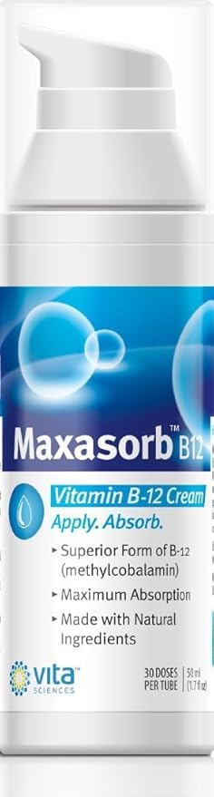 Vita Sciences Maxasorb B12 Vitamin B-12 Cream 1000 mcg: Powerful Topical Methylcobalamin for Energy Health and Glowing Skin - Pack of 6