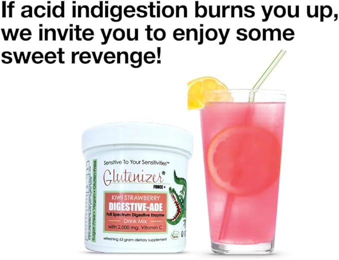Sufficient-C - Glutenizer Force Plus Kiwi-Strawberry Digestive-Ade Drink Mix - Naturally Effective Premium Full Spectrum Enzyme Blend with 2000 mg. Vitamin C - Acid Reflux Indigestion Solution