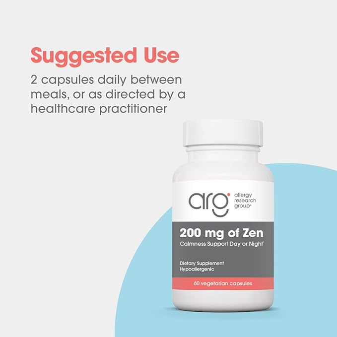 Allergy Research Group ARG 200 mg of Zen - Supports Calm and Stress Balance - Delivers 200 mg L-Theanine &amp 550 mg GABA per Serving - Vegetarian &amp Hypoallergenic - 30 Servings - 60 Capsules