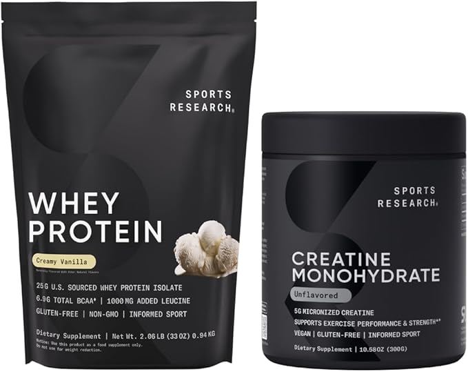 Sports Research Creatine Monohydrate (60 Servings) &amp Vanilla Whey Protein (26 Servings) The Dynamic Duo for Lean Muscle Building Improved Performance Strength &amp Workout Recovery - Sports Nu
