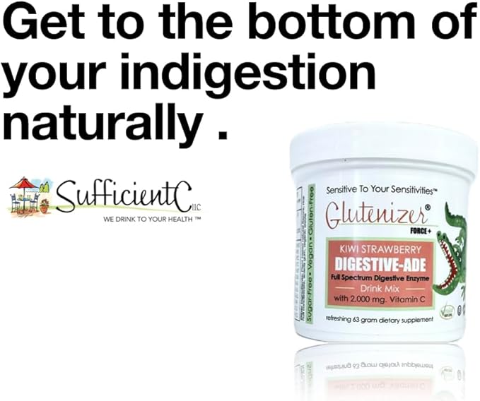 Sufficient-C - Glutenizer Force Plus Kiwi-Strawberry Digestive-Ade Drink Mix - Naturally Effective Premium Full Spectrum Enzyme Blend with 2000 mg. Vitamin C - Acid Reflux Indigestion Solution