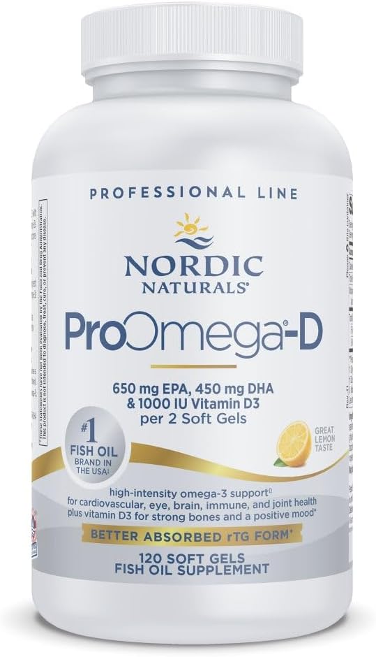 Nordic Naturals ProOmega-D Lemon Flavor - 120 Soft Gels - 1280 mg Omega-3 + 1000 IU D3 - High-Potency Fish Oil - EPA &amp DHA - Brain Eye Heart &amp Immune Health - Non-GMO - 60 Servings