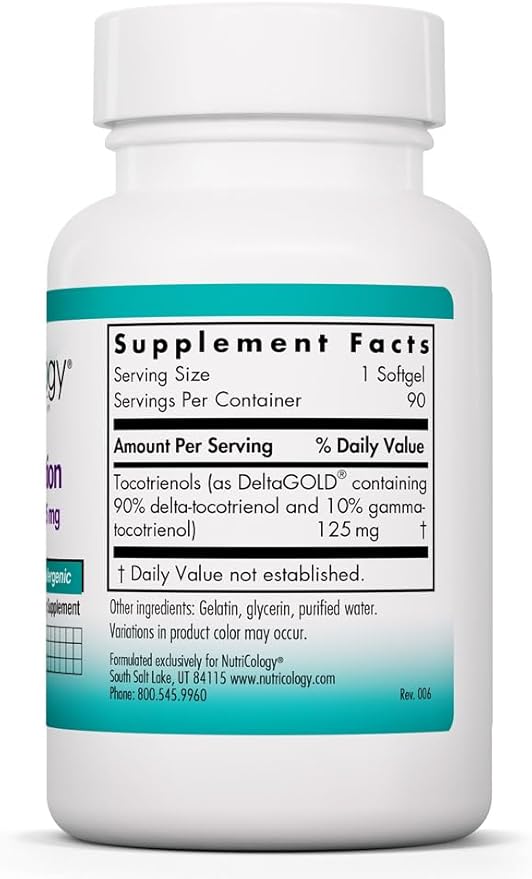 Allergy Research Group Delta-Fraction Tocotrienols Dietary Supplement - Vitamin E Cardiovascular Health Hypoallergenic Softgels - 90 Count 125 mg