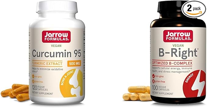 Jarrow Formulas Curcumin 95 500mg and B-Right Optimized B-Complex Capsules Bundle 120 + 100 Count
