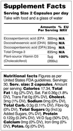 Vegan Omega 3 Supplement – EPA DHA Supplements &amp Vitamin D3 – Algae Omega 3 Vegan Supplements for Brain Eye &amp Heart Health – for Kids &amp Adults (180 Capsules)