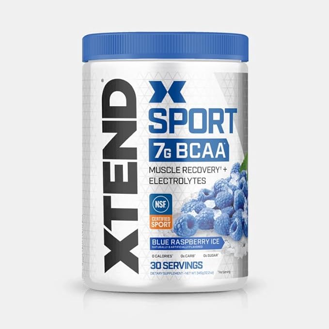 XTEND Sport BCAA Powder Blue Raspberry Ice - Electrolyte Powder for Recovery &amp Hydration with Amino Acids - 30 Servings