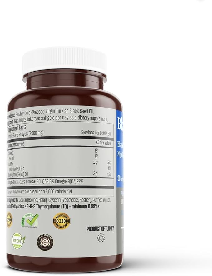 TALYA Black Seed Oil Softgel with High Thymoquinone - Immune Support - Digestive Health - Brain Function - Joint Mobility - Cold-Pressed - Non-GMO - Turkish Black Cumin Seed 90 Capsule
