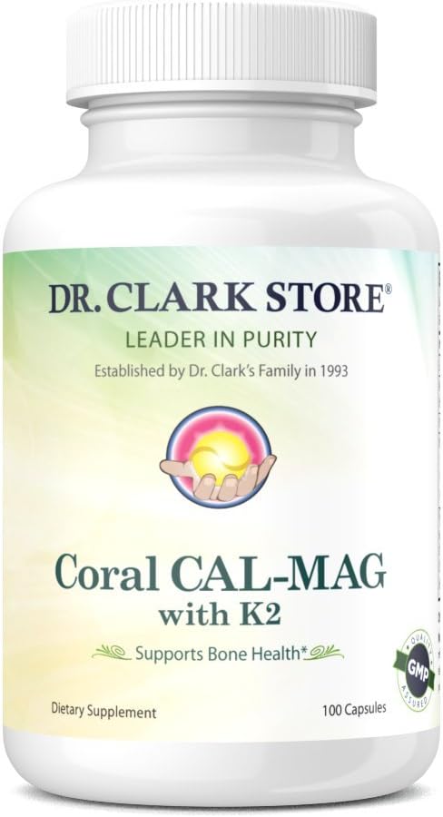 Dr. Clark Store Coral Cal-Mag K2 993mg Calcium &amp Magnesium Supplement for Women and Men 100 Gelatin Capsules 33 Servings Supports Bone Health &amp pH Balance 72 Trace Minerals &amp Vitamin
