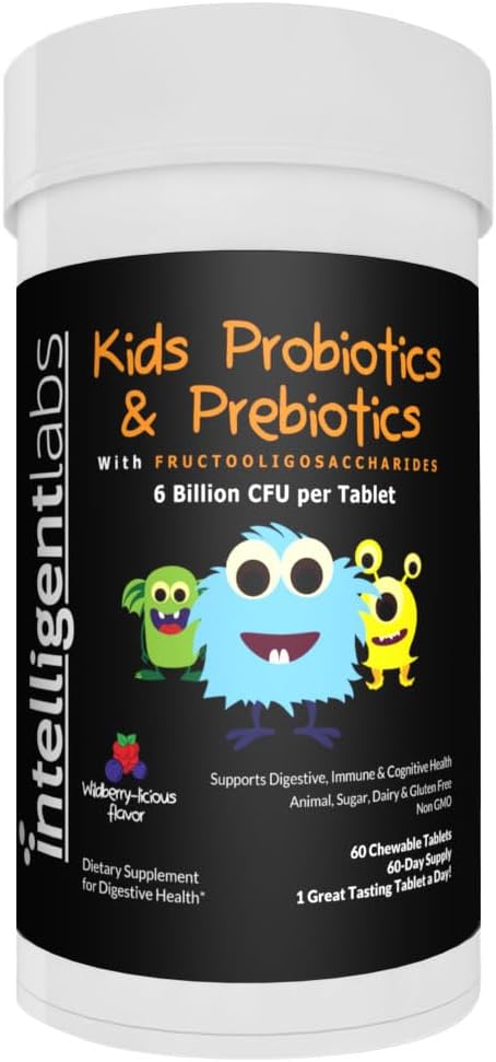 Intelligent Labs Kids/Children Probiotics 6 Billion CFU with Prebiotics PHGG &amp FOS Once-Daily Chewable Great Taste 10x Effectiveness 60-Day Supply Third-Party Verified