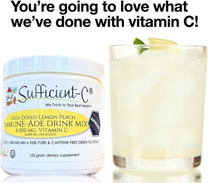 Sufficient-C High Dose Non-GMO Vitamin C Lemon Peach Immune-Ade Drink Mix Convenient 125 Gram Size w/L-lysine Bromelain &amp a Premium 96% Pure Green Tea Extract - Stomach Friendly Adrenal Support