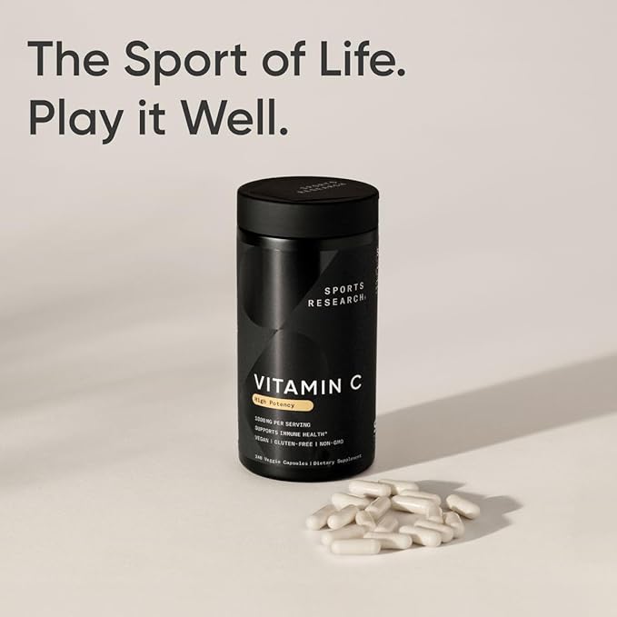 Sports Research High Potency Vitamin C Supplement - Vegan Veggie Capsules for Antioxidant Activity &amp Immune Support - Non-GMO Verified &amp Gluten Free - Ascorbic Acid Vitamin C 1000mg 240 Count
