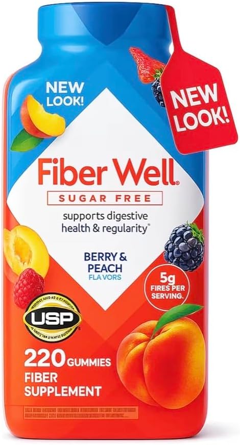 Vita Fiber Well Gummies Sugar Free | Berry &amp Peach Flavors (220 Count) Daily Fiber Supplement with Prebiotic Support | Adult Gummy Vitamins for Digestive Health &amp Regularity