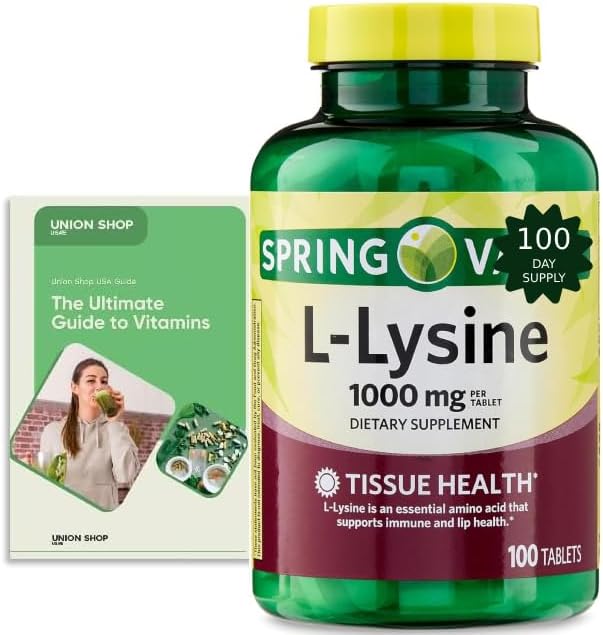 L-Lysine 1000mg Tablets – Essential Amino Acid for Immune Support Collagen Formation and Skin Health – High-Potency Lysine Supplement 100 Count + Exclusive Vitamin Guide