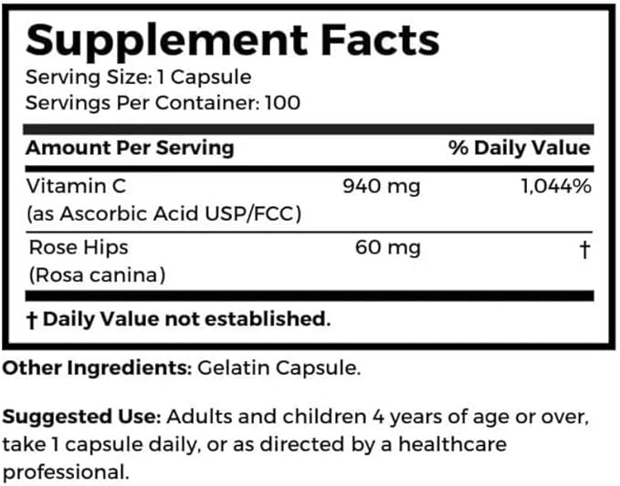 Dr. Clark Vitamin C with Rose HIPS Supplement – 1000mg 100 Gelatin Capsules Immune Support &amp Antioxidant Protection