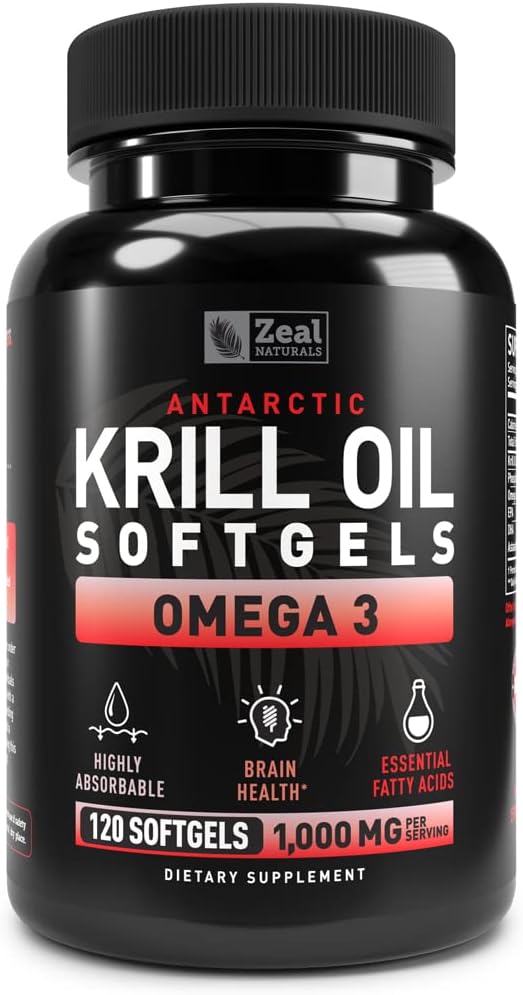 Antarctic Krill Oil 1000mg (120 Softgels) Omega 3 Fish Oil Supplement with EPA DHA &amp Astaxanthin - for Joint Brain and Heart Support for Men and Women