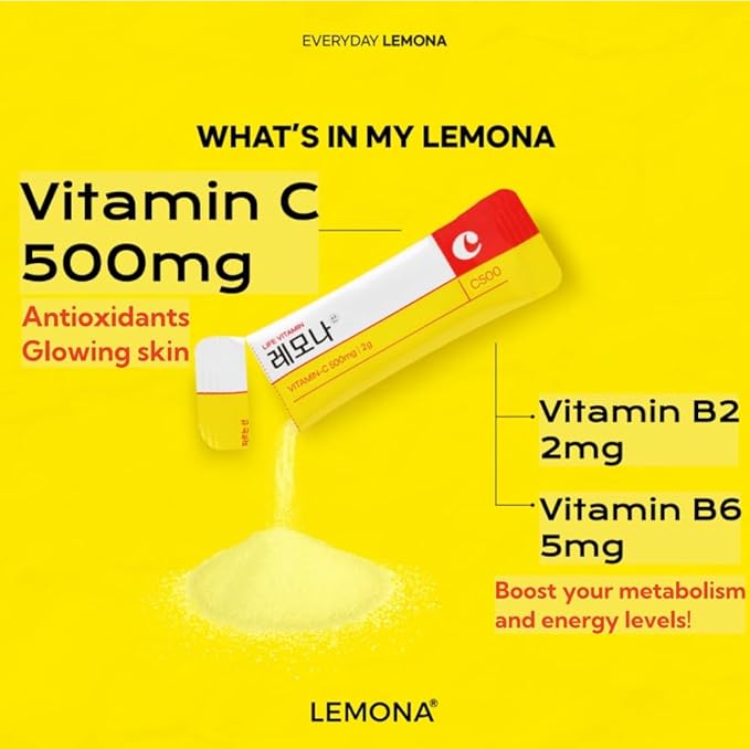 LEMONA Official Vitamin C Powder 500mg Korean Supplements Immune Support B6 B2 On-The-Go Packets Vitamin Healthy Living Easy to Take Daily Energy Boost Korean Food Snacks Lemon (70Sticks)